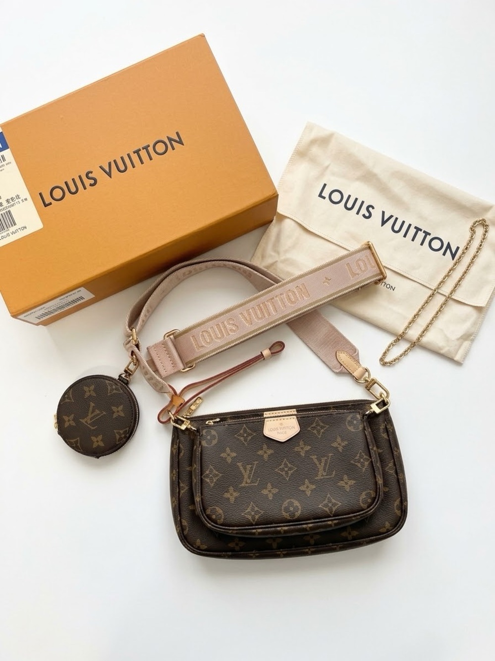 Monogram Multi Pochette with Pink Web Strap